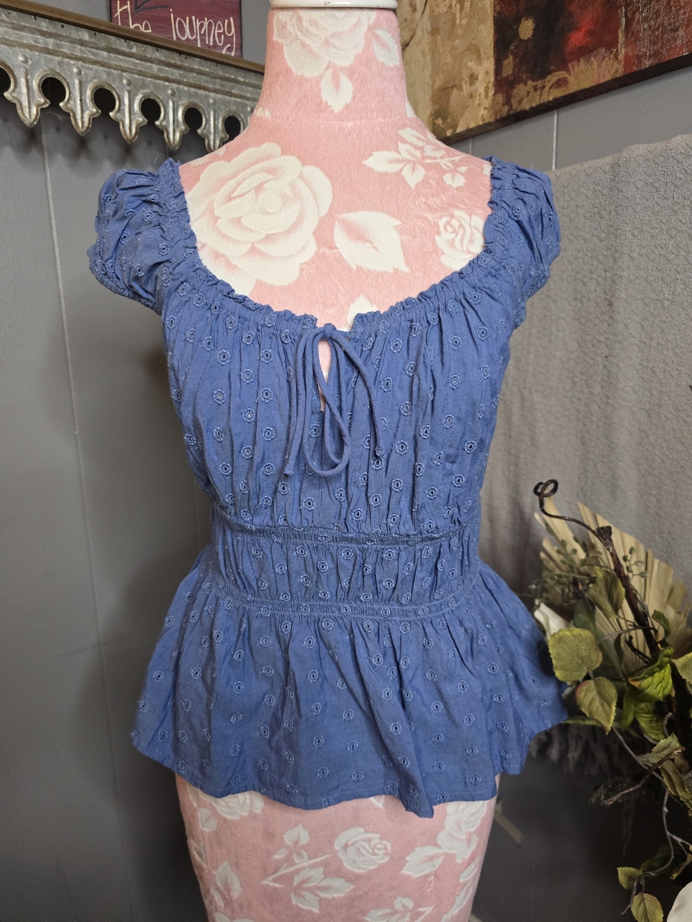Womens Blue Eyelet Peplum Top - Unbranded